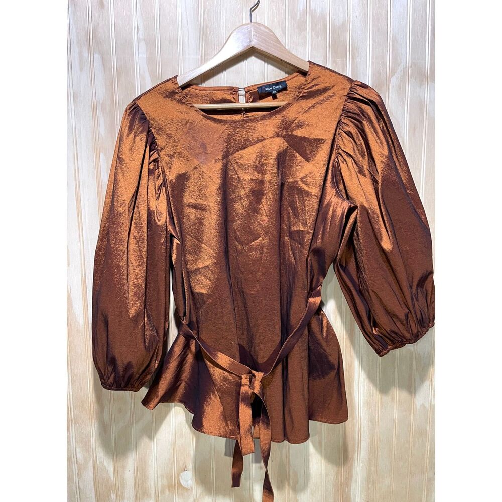 Buxom Curvy shirt balloon sleeves stretch copper brown fall festive women 2X